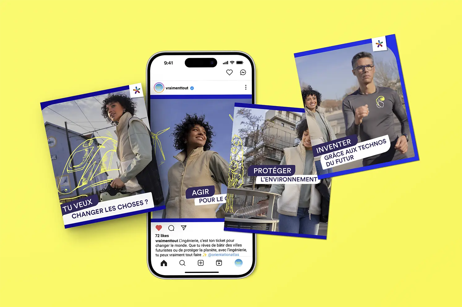 Mock up d'un carrousel Instagram reprenant les messages de la campagne de communication "Vraiment Tout"